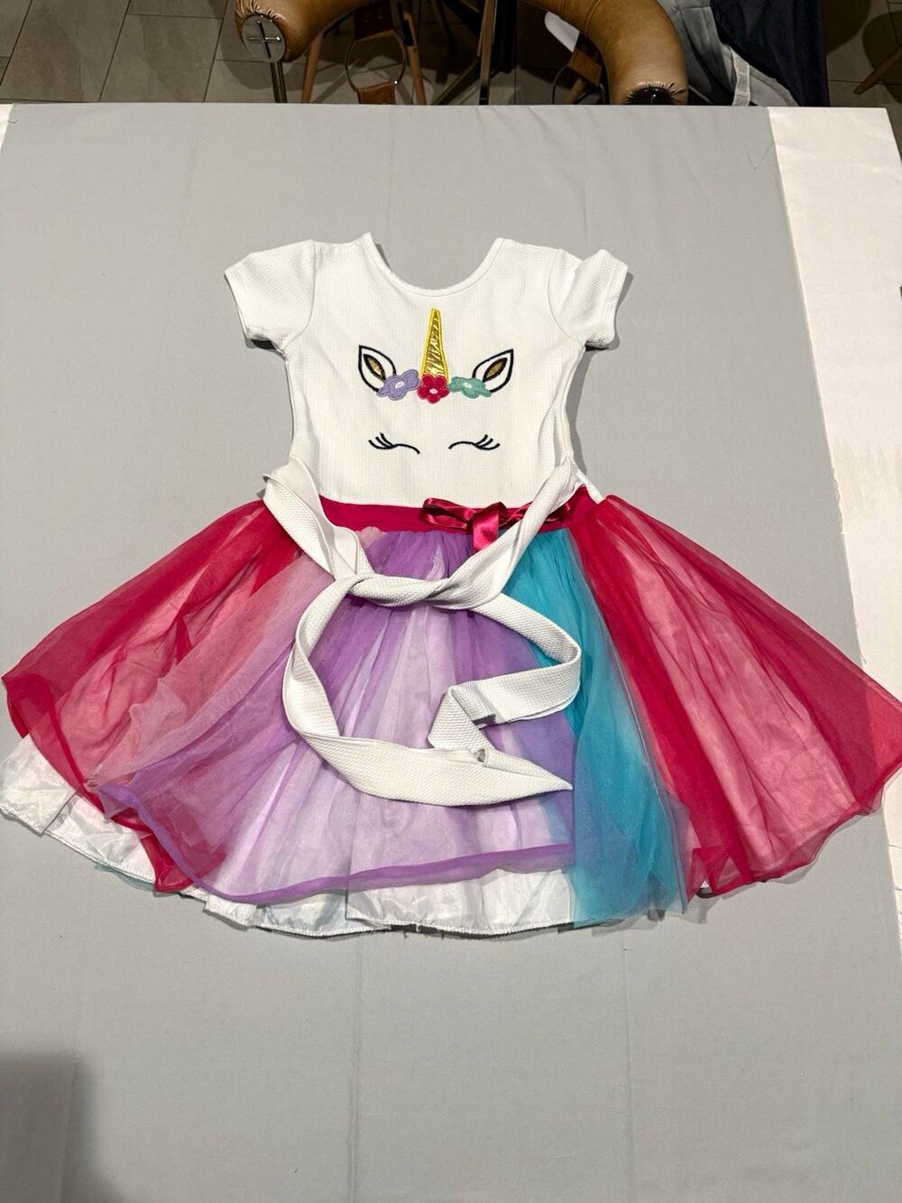 Girls Unicorn Halloween Costume Dress Rainbow Tulle Long Sleeve Size